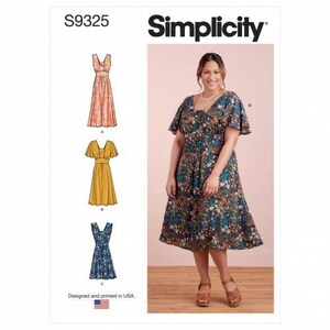 May include: Simplicity sewing pattern S9325 featuring a dress with a square neckline and flutter sleeves. The pattern includes three variations: a sleeveless floral dress, a solid mustard yellow dress, and a blue floral dress with flutter sleeves.