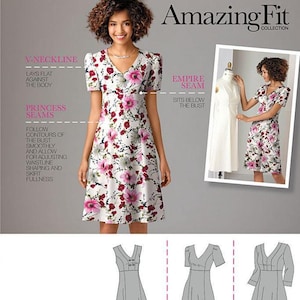 Op de afbeelding: Simplicity 2247 Amazing Fit naaipatroon met een bloemige jurk met V-hals, prinsessennaden en een empire-naad. Het patroon bevat technische illustraties voor drie jurkvariaties gelabeld A, B en C, die verschillende mouwlengtes en details van het lijfje tonen.