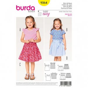 May include: Burda Kids sewing pattern 9364 for a shirt and skirt. The pattern includes options for a striped shirt with ruffled sleeves, a floral print skirt, a patterned short-sleeve shirt, and a light blue gingham skirt in sizes EUR 92-122.