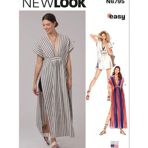 Könnte beinhalten: Eine Frau trägt ein gestreiftes Maxikleid in Grau und Weiß mit tiefem V-Ausschnitt und Seitenschlitzen. Das Bild zeigt auch Illustrationen ähnlicher Kleider. Der Text "NEW LOOK" und "easy" sind sichtbar.