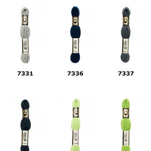 May include: Six skeins of D.M.C. Tapestry Wool arranged in two rows. The colors include light gray, dark blue, charcoal gray, navy blue, light green, and bright green. Each skein features a black and gold label with the D.M.C. logo and color numbers 7331, 7336, 7337, 7339, 7340, and 7341.
