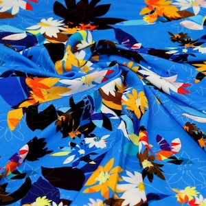 Minerva Exclusive Petal Eclipse Viscose Challis Fabric - Blue, Turquoise Flowers Pattern - OEKO-TEX - Width 150cm / 60" - per metre