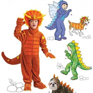 May include: A sewing pattern for dinosaur costumes for children and pets. The pattern includes a triceratops, a dragon, and a stegosaurus. The pattern is Simplicity 1765.