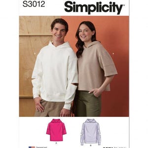 May include: Simplicity sewing pattern S3012 featuring hooded sweatshirts. One version is a long-sleeve white hoodie, the other is a short-sleeve beige hoodie. Includes technical illustrations of a pink short-sleeve hoodie and a light purple long-sleeve hoodie.