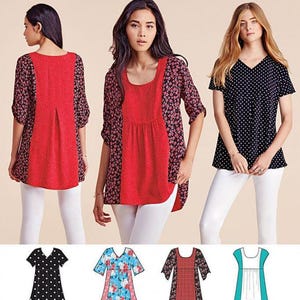 Op de afbeelding: Simplicity 8052 easy-to-sew patroonhoes met illustraties van vier verschillende tuniek-tops. De ontwerpen bevatten variaties met stippen, bloemenprints en effen panelen met geplooide details en korte mouwen.