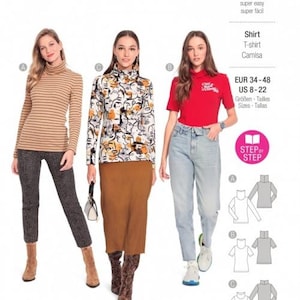 May include: A sewing pattern for a shirt with three different styles. The pattern is for sizes EUR 34-48 and US 8-22. The pattern is called "burda easy" and is for jersey knits.