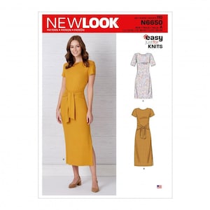 May include: New Look sewing pattern N6650 for a knit dress. The pattern features a short-sleeved, midi-length dress with a tie-front waist detail and a side slit. The envelope displays a mustard yellow version and a multi-coloured patterned version.