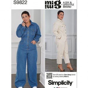 May include: A Simplicity sewing pattern envelope S9822 for a long-sleeve jumpsuit with a collar, button-front closure, and chest pockets. The pattern features two variations: one in blue denim and one in off-white fabric, with a QR code for a tutorial.