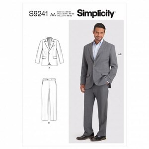 May include: A sewing pattern for a suit jacket and trousers. The pattern is for sizes UK 34-42. The pattern is from Simplicity and the pattern number is S9241 AA.