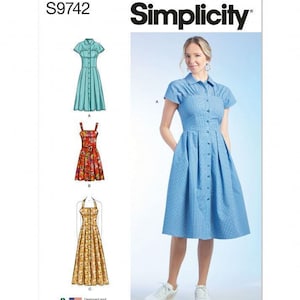 Op de afbeelding: Simplicity naaipatroon S9742 met drie jurkvariaties. Model A is een blauwe jurk met vichy-ruitjes, knoopsluiting, korte mouwen en een kraag. Model B is een mouwloze jurk met bloemenprint. Model C is een gele mouwloze jurk met een bloemenprint.