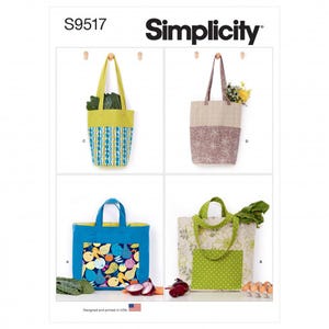May include: Simplicity pattern S9517 showing four tote bag designs. The bags have different colours and patterns, including blue, green, and floral prints. The image includes the text "Designed and printed in USA."