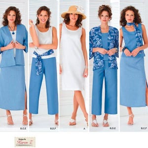 May include: Simplicity sewing pattern with five outfit options. The outfits include a white dress, blue trousers, skirts, and tops. Some outfits have floral patterns. The pattern is labelled "easy-to-sew".