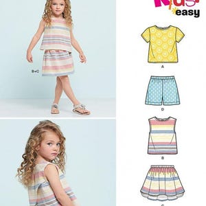 May include: New Look 6465 Kids sewing pattern envelope featuring illustrations and photographs of a sleeveless top and skirt set with horizontal stripes, a yellow sun-print t-shirt, and blue patterned shorts. The text reads New Look 6465 Kids easy.