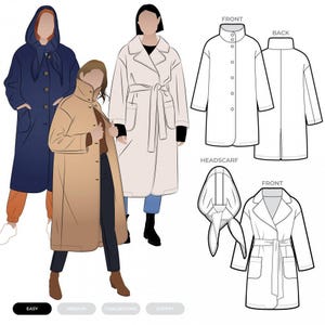 May include: A sewing pattern illustration featuring three coats in navy, tan, and cream, alongside technical line drawings labelled FRONT, BACK, and HEADSCARF. The designs include a hooded coat with buttons, a belted coat with lapels, and a headscarf.