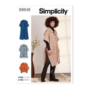 May include: Simplicity sewing pattern S9649 featuring a hooded cape with front buttons and two large patch pockets. The pattern displays three variations: a long blue cape, a medium-length grey cape, and a short orange cape with a hood.