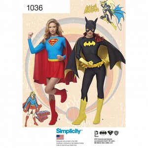 May include: A Simplicity sewing pattern 1036 featuring costumes for Supergirl and Batgirl. The Supergirl costume includes a blue long-sleeve top with a red and yellow logo, a red skirt, a red cape, and red boots. The Batgirl costume features a black bodysuit with a yellow bat logo, a black cape with yellow lining, a black mask, yellow gloves, a yellow belt, and yellow boots.