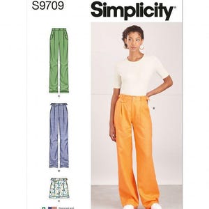 May include: Simplicity sewing pattern S9709 features illustrations of three trouser styles: green trousers, blue patterned trousers, and a floral print skirt. A model wears orange wide-leg trousers with a white short-sleeved top and white shoes.