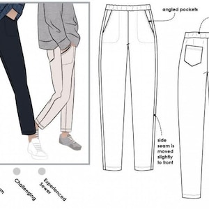 May include: A sewing pattern illustration for pants featuring angled pockets, a 38mm elastic waistband, and side seams moved slightly to the front. The visual guide displays the garment in dark blue and light beige, with technical line drawings.