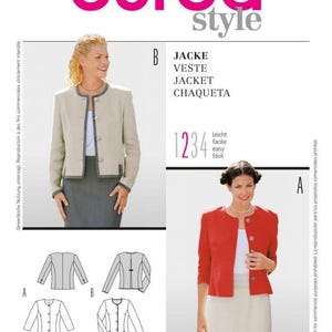 Könnte beinhalten: Ein Burda Style Schnittmuster mit zwei Jacken-Designs. Das Muster enthält Größentabellen in europäischen und US-Größen, mit Illustrationen der Jackenstile. Das Bild zeigt eine Frau, die eine beige Jacke und eine rote Jacke trägt.