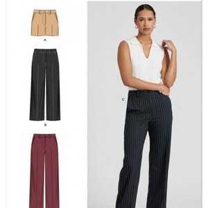 Könnte beinhalten: Simplicity Schnittmuster S3199 zeigt drei Hosenvarianten: beige Shorts mit der Kennzeichnung A, schwarze Hosen mit B und bordeauxrote Hosen mit Umschlag mit C. Das Muster enthält ein weißes ärmelloses Oberteil und eine Nadelstreifenhose.