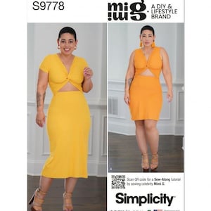 May include: A Simplicity sewing pattern envelope S9778 for a yellow dress with a front twist detail and cut-out midriff. The pattern features two variations: a short-sleeved midi-length dress and a sleeveless mini-length dress, both shown on a model.