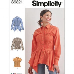 May include: Simplicity sewing pattern S9821 featuring a long-sleeved button-down shirt with a gathered bodice and a flared hem. The pattern includes three variations: a blue shirt, a patterned shirt with a solid corset-style waist, and a short-sleeved orange shirt.