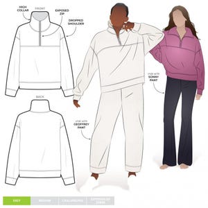 May include: A sewing pattern illustration for a pullover with a high collar, exposed front zipper, and dropped shoulders. The graphic shows front and back technical line drawings, a person wearing the white pullover with pants, and a person in a mauve pullover with dark pants, labeled with style names.