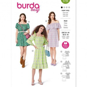 Puede incluir: Patrón de costura Burda Easy 5728 para tres estilos de vestido. Incluye un vestido verde con flores, un vestido a cuadros verde lima y gris con aberturas en los hombros, y un vestido a cuadros lavanda. Tallas EUR 34-44 y US 8-18 indicadas.