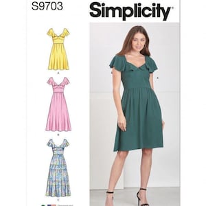 May include: Simplicity sewing pattern S9703 featuring a dress with flutter sleeves and a sweetheart neckline. The pattern includes three variations: a yellow gingham knee-length dress, a pink midi dress, and a blue floral tiered maxi dress.