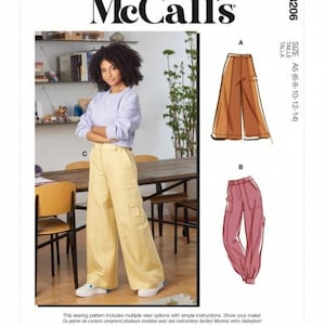 Könnte beinhalten: Nähmuster McCall's M8206 für die Größen 6-8-10-12-14. Das Muster enthält drei Ansichten von weiten Hosen mit Taschen. Die Hosen sind in Gelb, Rosa und Braun dargestellt.