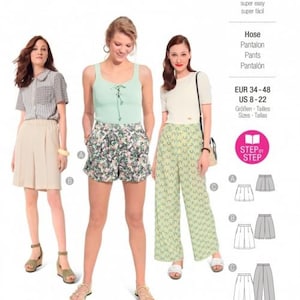 Può includere: Un cartamodello per pantaloni con tre stili diversi: pantaloncini, pantaloni larghi e pantaloni dritti. Il cartamodello è per le taglie 8-22 e include istruzioni passo dopo passo.