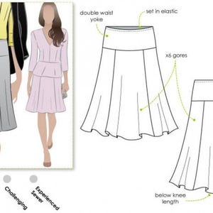 May include: A sewing pattern illustration for a skirt featuring a double waist yoke, set-in elastic, and six gores. The design is shown in a below-knee length. The graphic includes a technical line drawing and a visual example of the finished skirt.