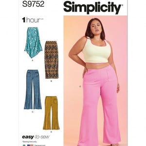Pode incluir: Molde de costura Simplicity S9752 apresenta quatro designs de vestuário: uma saia floral, uma saia estampada, calças azuis com boca de sino e calças mostarda com boca de sino. O molde inclui instruções para um projeto fácil de 1 hora.