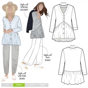 May include: A sewing pattern illustration featuring a peplum-style button-down top with long sleeves and a V-neckline. The graphic displays front and back technical sketches, alongside two styled outfits with a jacket, pants, and jeans labeled as Stevie Jacket, Fifi Pant, and Victor Jean.