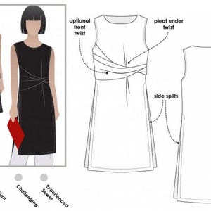 May include: A sewing pattern illustration for a sleeveless tunic dress featuring an optional front twist, a pleat under the twist, and side splits. The graphic includes a visual guide for difficulty levels, with the medium level highlighted in green.