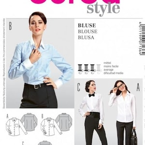 Puede incluir: Patrón de costura Burda Style número 7136 para una blusa. El patrón incluye tres estilos diferentes de blusas, con tallas que van desde la 36 a la 50 en tallas europeas y de la 10 a la 24 en tallas estadounidenses. El patrón está etiquetado como "BLUSE" en alemán, "BLOUSE" en inglés y "BLUSA" en español.