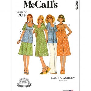 May include: McCall's M8570 sewing pattern envelope featuring illustrations of four outfits labeled A, B, C, and D. The designs include floral print tops and dresses with square necklines, button-front details, and pockets. Text includes Vintage 70's, Laura Ashley Since 1953, and Authentic Vintage Pattern Reproduction.