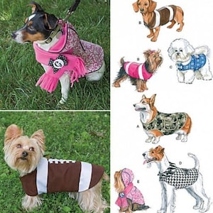 Op de afbeelding: Simplicity 1239 naaipatroon voor hondenkleding. De hoes bevat foto's en illustraties van verschillende hondenrassen die jassen, vesten en een sjaal dragen. De ontwerpen omvatten een jas met football-thema, een camouflagevest en een roze jas met patroon.