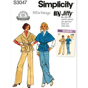 May include: A Simplicity S3047 sewing pattern envelope featuring 1970s vintage Jiffy designs. The illustration shows two outfits consisting of a wrap-style jacket with a tie belt and wide-leg trousers, one solid tan and one blue gingham.