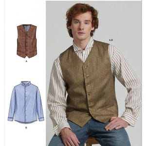 Könnte beinhalten: Simplicity Schnittmuster S3172 mit einer Weste und einem langärmeligen Hemd. Die Schnittmusterhülle zeigt eine braune Weste mit Knöpfen, ein blaues Hemd und ein Foto einer Person, die eine beige Weste über einem gestreiften Hemd und Jeans trägt.