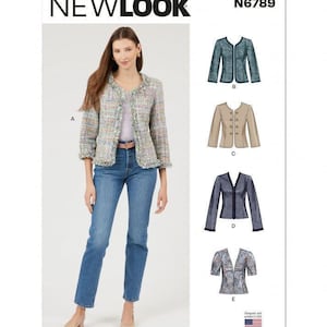 以下が含まれることがあります： マルチカラーのツイードジャケットとフリンジトリムが特徴のNew Look型紙N6789。型紙にはAからEまでの5つのバリエーションが含まれており、ジャケットデザインの異なる袖丈、生地の質感、フロントクロージャーが示されています。