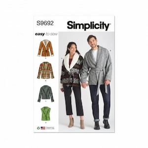 Może przedstawiać: Koperta z wykrojem krawieckim Simplicity S9692 easy-to-sew z ilustracjami czterech wariantów kurtek oraz zdjęciem dwóch osób noszących wzorzystą kurtkę z białym szalowym kołnierzem i szarą, fakturowaną kurtkę z wiązanym paskiem.