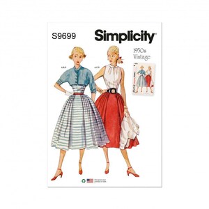 May include: Simplicity sewing pattern S9699 for 1950s vintage clothing. The cover features illustrations of two outfits: a blue bolero with a striped skirt and a white sleeveless top with a red skirt. Includes a small inset showing both looks.