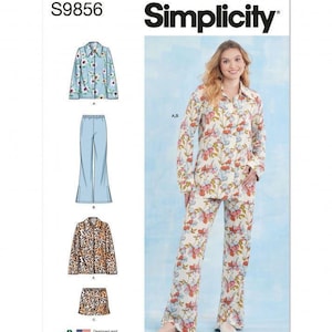 Könnte beinhalten: Simplicity Schnittmuster S9856 mit einem langärmeligen Hemd mit Knopfleiste und einer weiten Hose. Das Schnittmuster enthält Optionen für einen Blumen- oder Leopardenmusterstoff. Die Abbildungen zeigen ein Hemd mit Kragen und eine Hose.