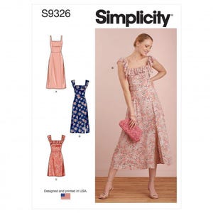 May include: Simplicity sewing pattern S9326 featuring three dress variations. The designs include a sleeveless dress with a square neckline, a dress with ruffled shoulder straps, and a midi-length dress with a side slit and floral print.
