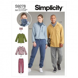 May include: Simplicity sewing pattern S9278 for tops and trousers in sizes XS-M. The envelope displays illustrations of a green shirt, a patterned shirt, and pink trousers, alongside photos of a blue shirt with blue joggers and a yellow shirt with grey joggers.