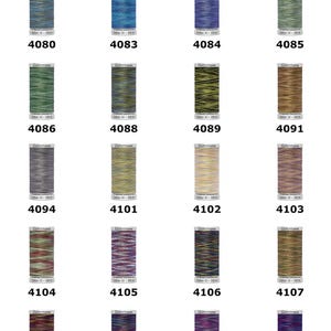 May include: A collection of twenty Gütermann No 30 Sulky Cotton Embroidery Thread 300m spools arranged in a grid. Each spool features a unique variegated colour pattern, labelled with specific identification numbers ranging from 4080 to 4111.