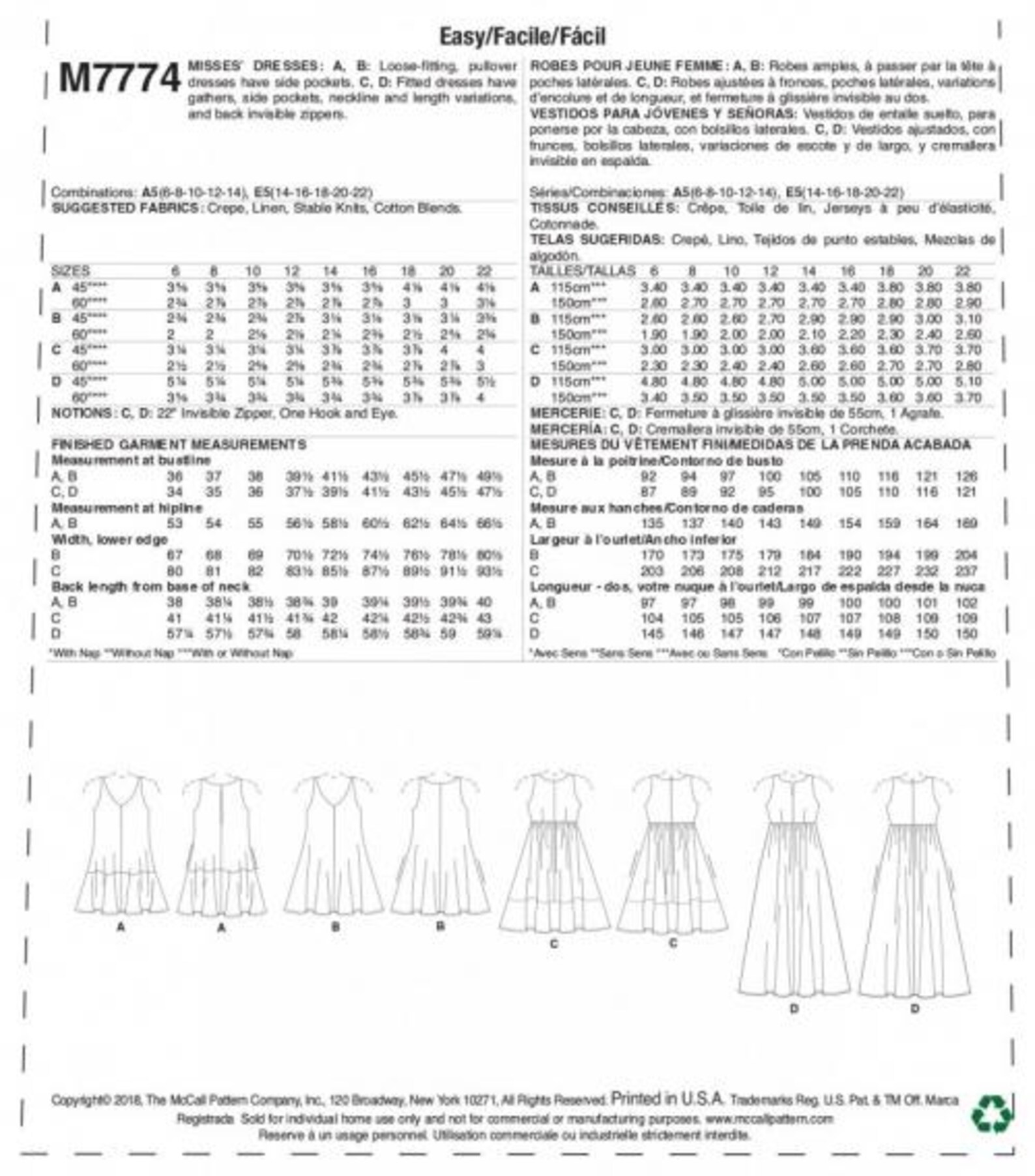 Mccalls Sewing Pattern 7774 Women Dresses Difficulty Easy - Etsy