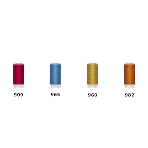 May include: Four spools of Gütermann Sew All Thread, each containing 250m of thread. The colors are magenta, blue, gold, and copper, labeled with the numbers 909, 965, 968, and 982 respectively. The brand name and product type are clearly visible.