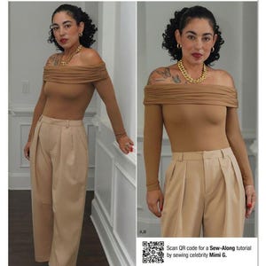 Può includere: Una busta per cartamodello S3167 di Mimi G e Simplicity. L'immagine mostra un top a maniche lunghe color marrone chiaro con spalle scoperte e scollo arricciato, abbinato a pantaloni color marrone chiaro a vita alta con pieghe. Include un QR code.